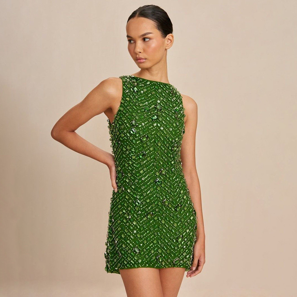 Women'S Formal Dinner Wear - Yeşil Taşlı İşlemeli Kolsuz Kadın Mini