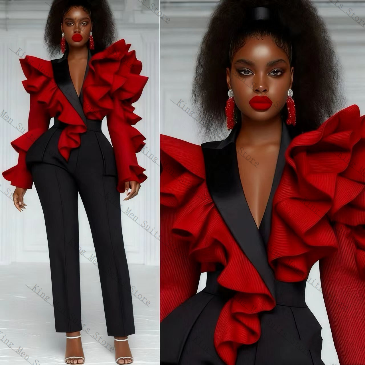Women Formal Wear With Black Blazer - Kırmızı Siyah Kadın Takım Elbise Seti