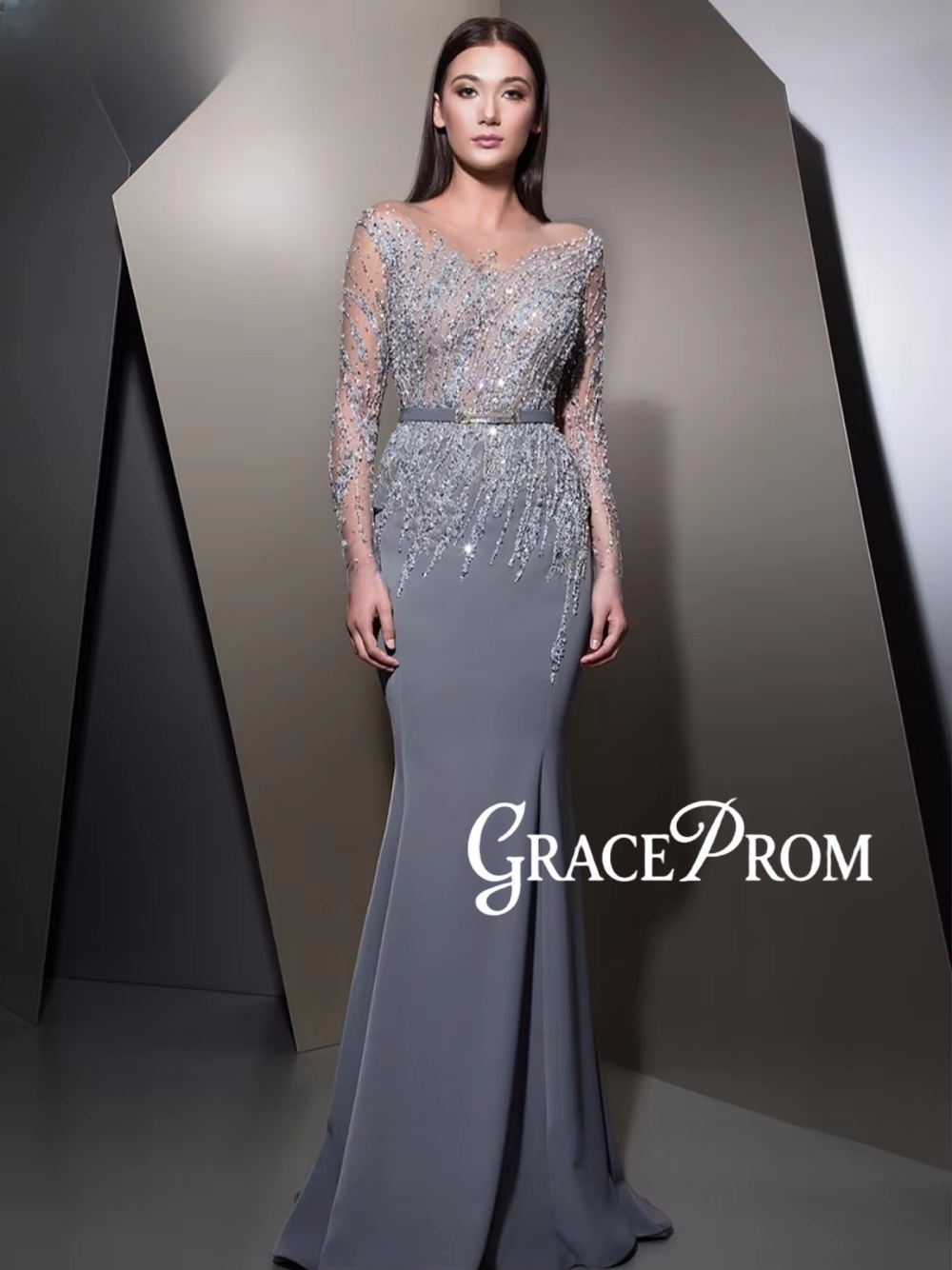 Women'S Formal Dinner Wear - GRACEPROM Illusion Uzun Kollu Abiye Boncuklu