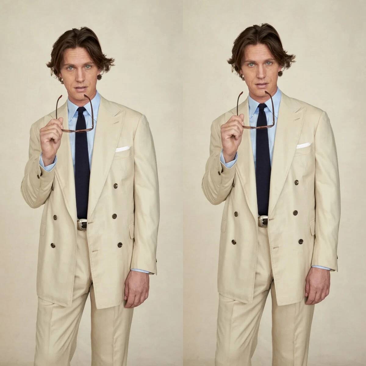 Tailored Trouser Wide - Bej Geniş Sivri Yaka Kruvaze Erkek