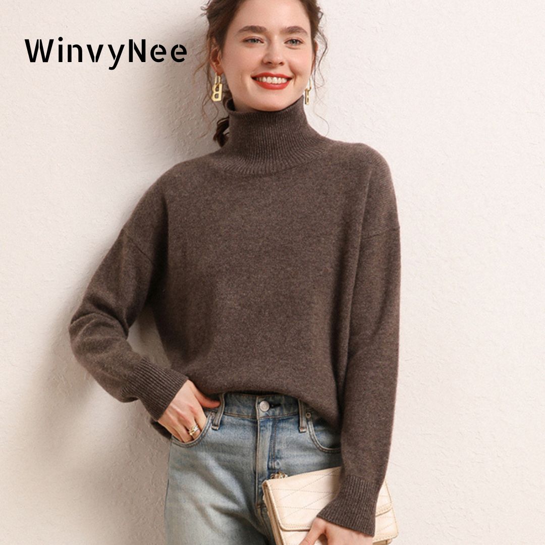 Cashmere Sweater Formal - WinvyNee Kadın Kaşmir Yün Kahverengi Kazak