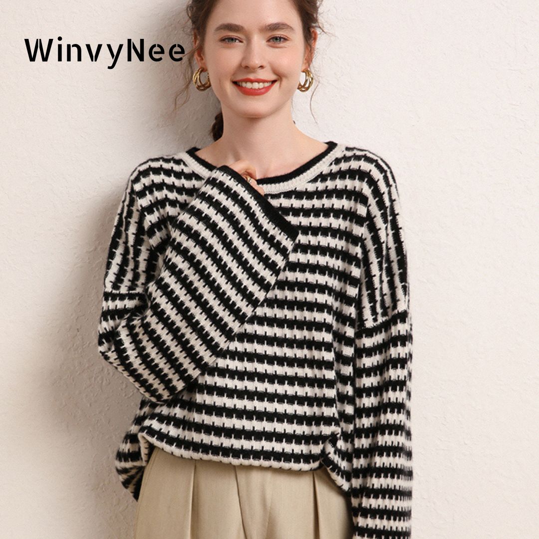 Cashmere Sweater Formal - WinvyNee Kadın Kaşmir Yün Çizgili Kazak